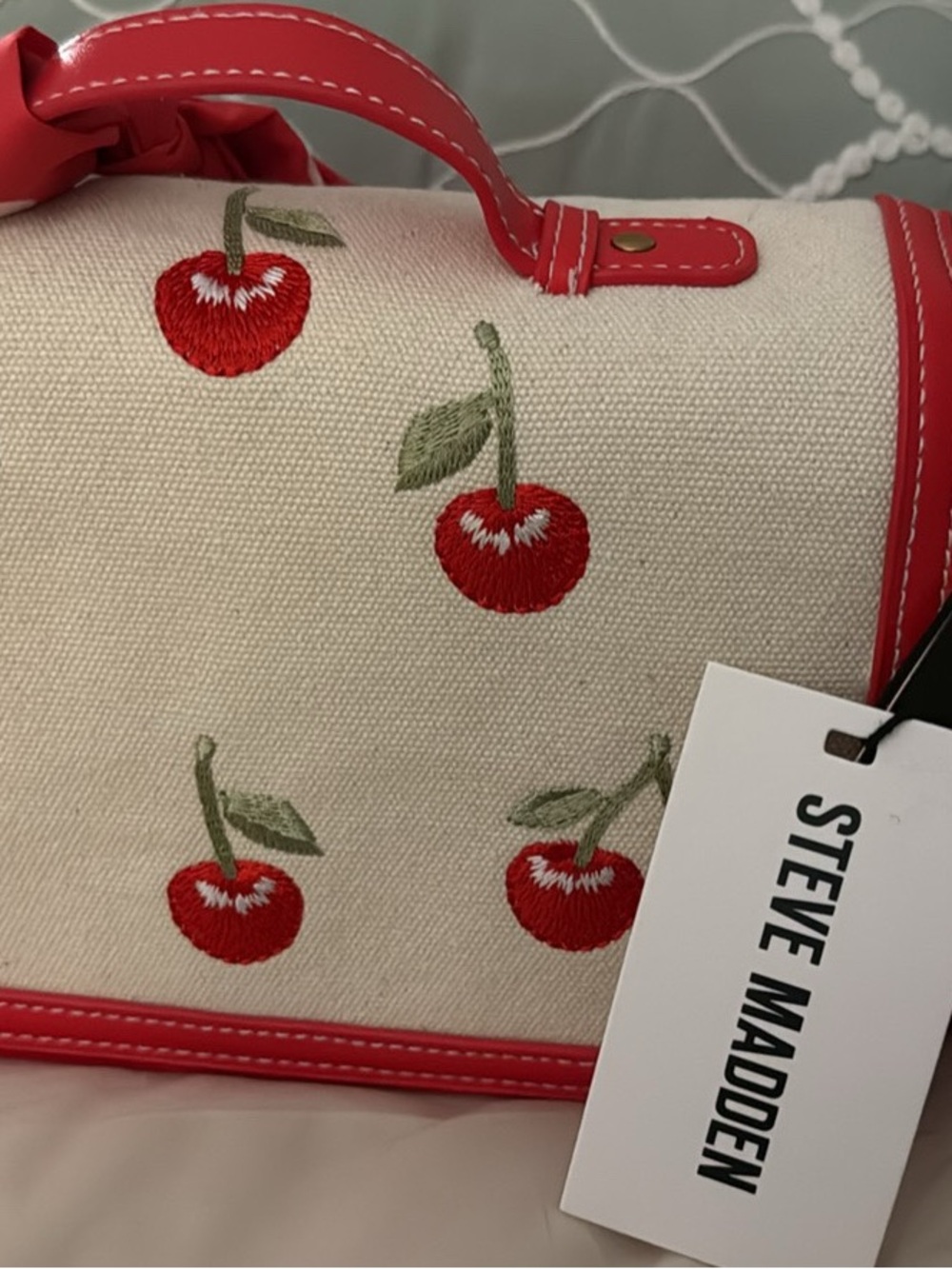 Steve Madden Cream Canvas Mini Bag with Red Cherry Motif